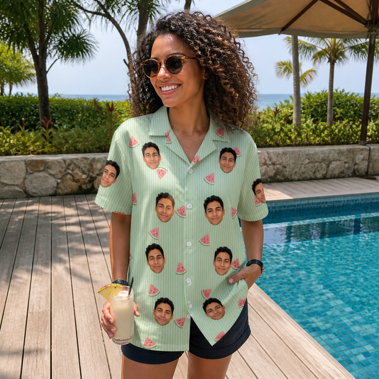 Real-life photo of someone wearing Women's Rindependence Day Custom Face Hawaiian Shirt — custom faces printed all-over