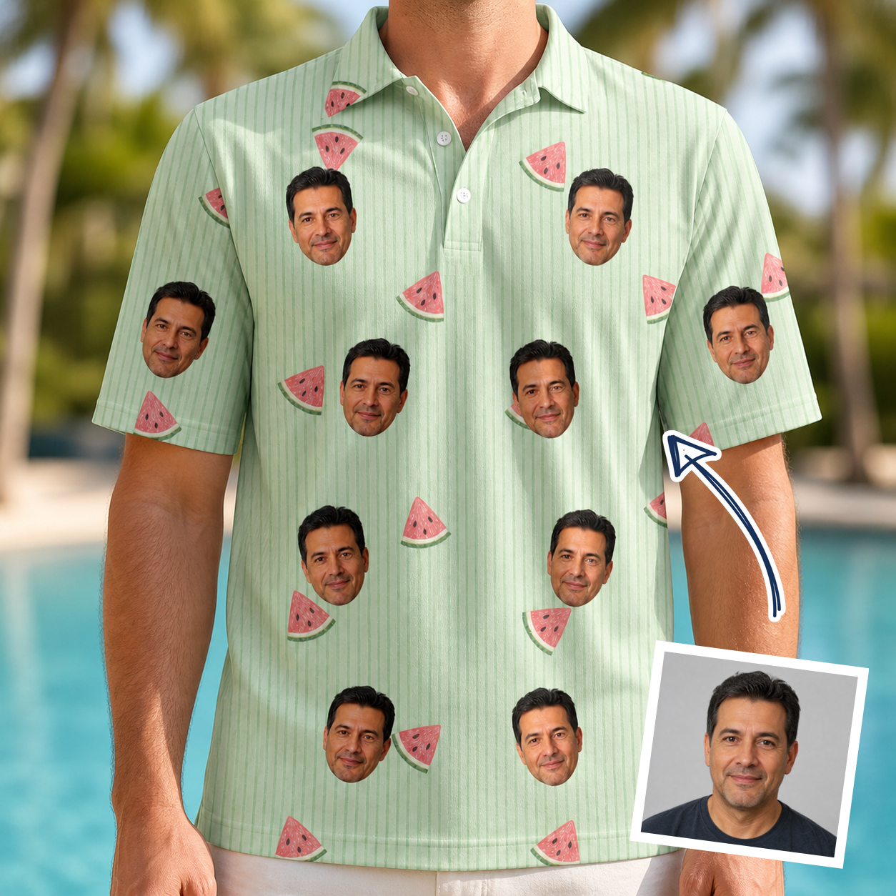 Man wearing Men's Rindependence Day Custom Face Polo Shirt — custom faces printed all-over