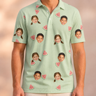 Model wearing Men's Rindependence Day Custom Face Polo Shirt printed with kids' faces