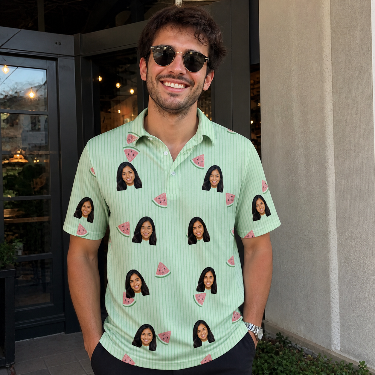 Real-life photo of someone wearing Men's Rindependence Day Custom Face Polo Shirt — custom faces printed all-over