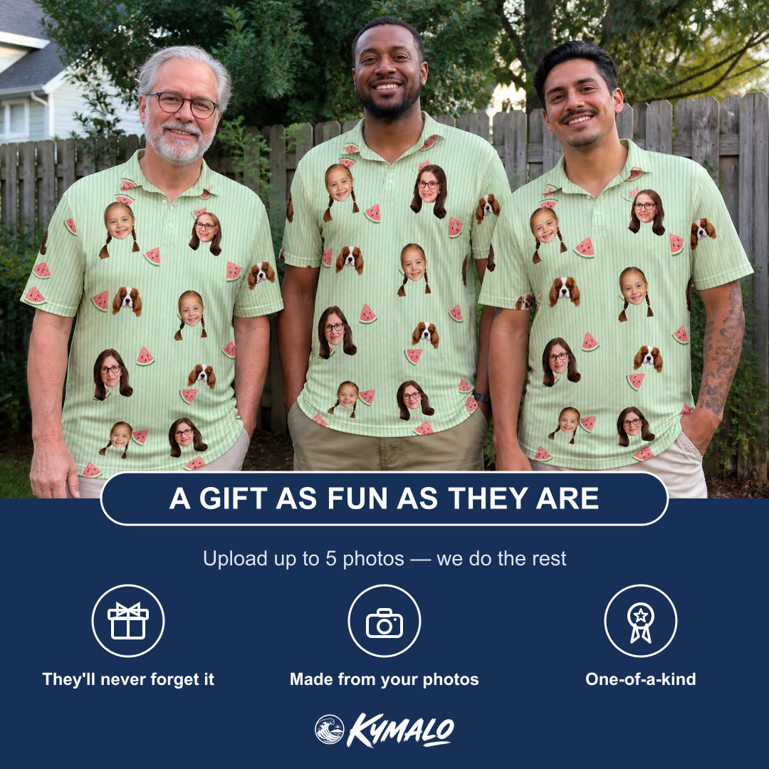 Friends in matching Men's Rindependence Day Custom Face Polo Shirt — a group gift photo