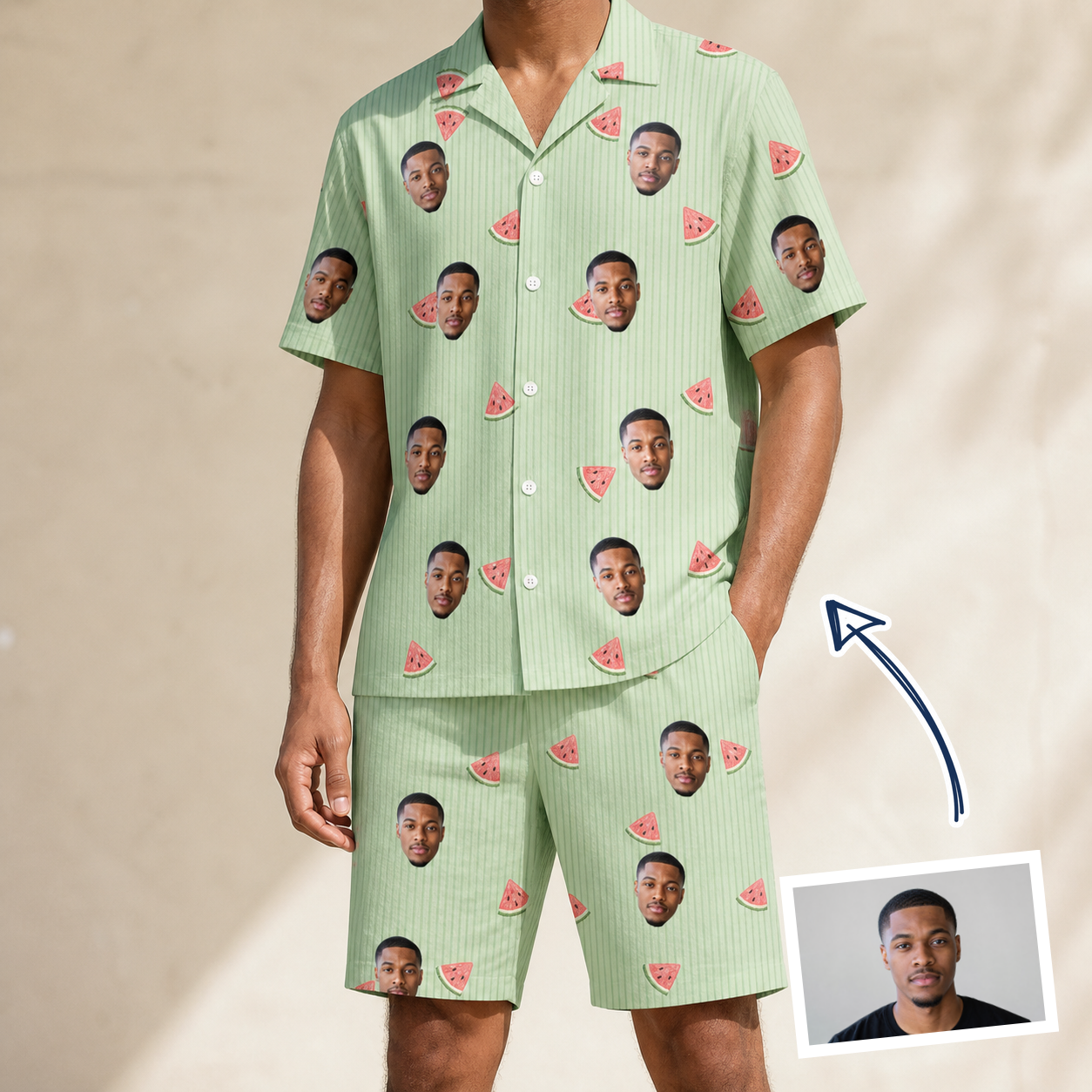 Man wearing Men's Rindependence Day Custom Face Shirt & Shorts Set — custom faces printed all-over