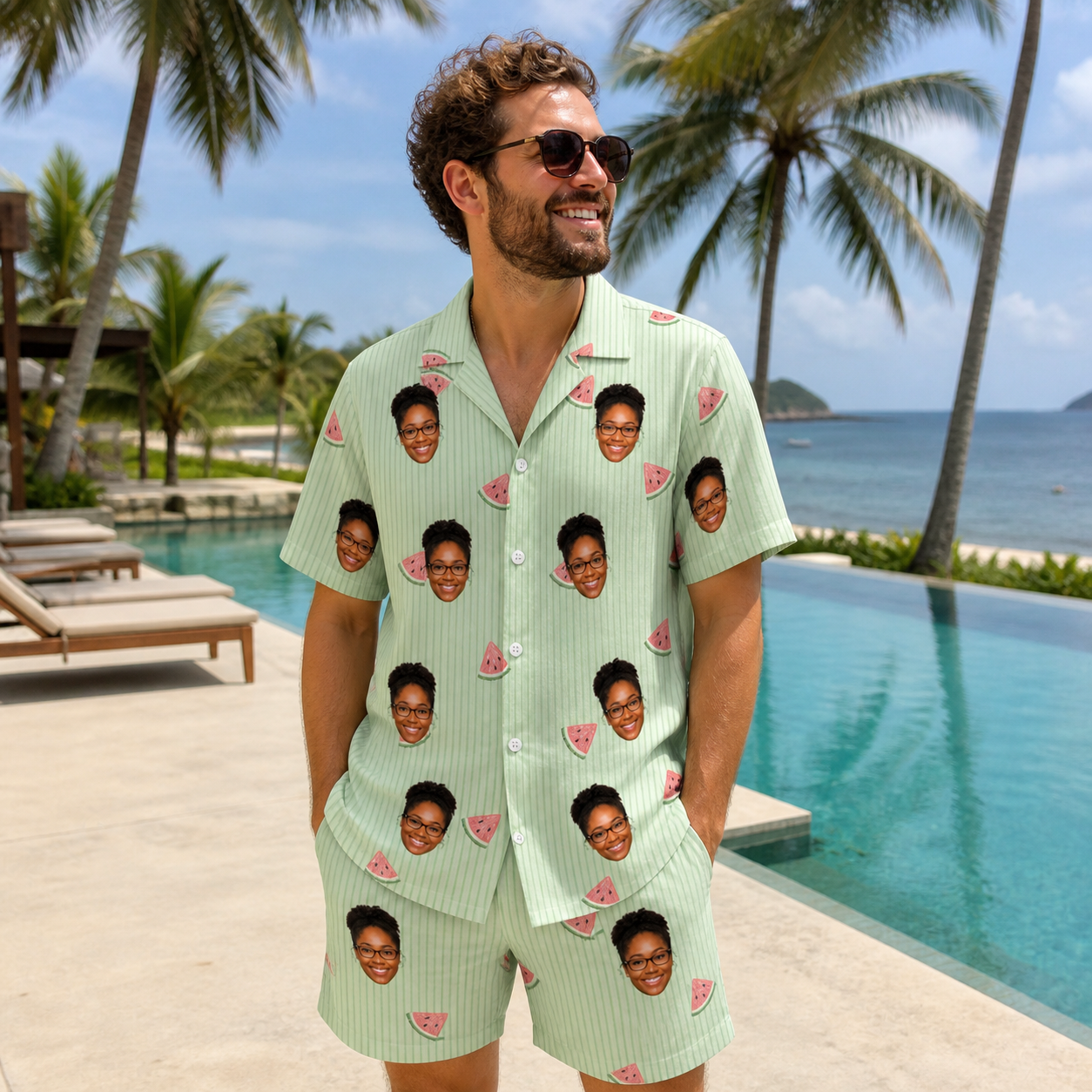 Real-life photo of someone wearing Men's Rindependence Day Custom Face Shirt & Shorts Set — custom faces printed all-over