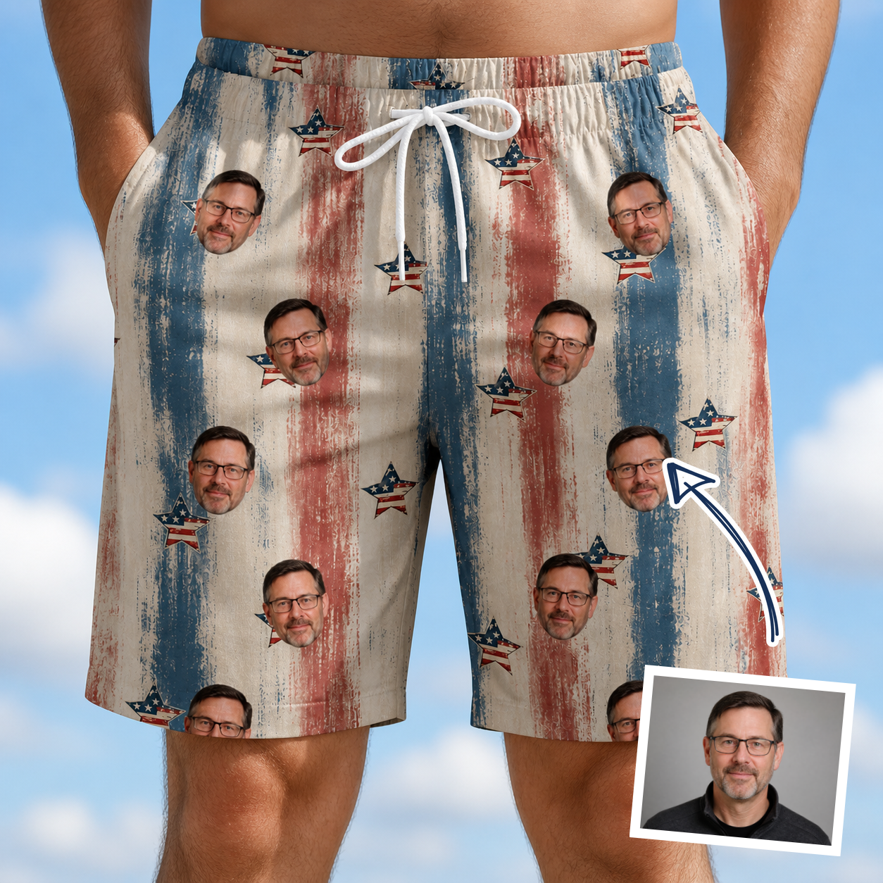 Man wearing Men's Union Spark Custom Face Beach Shorts — custom faces printed all-over