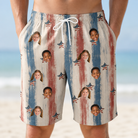 Model wearing Men's Union Spark Custom Face Beach Shorts printed with kids' faces