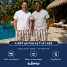 Friends in matching Men's Union Spark Custom Face Beach Shorts — a group gift photo