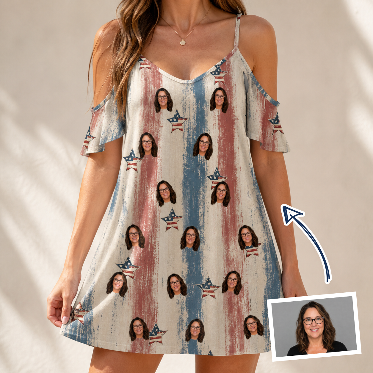Woman wearing Women's Union Spark Custom Face Off-Shoulder Dress — custom faces printed all-over