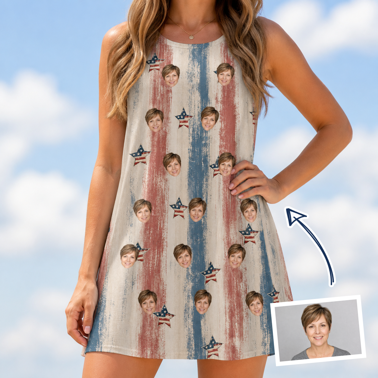Woman wearing Women's Union Spark Custom Face Tank Dress — custom faces printed all-over