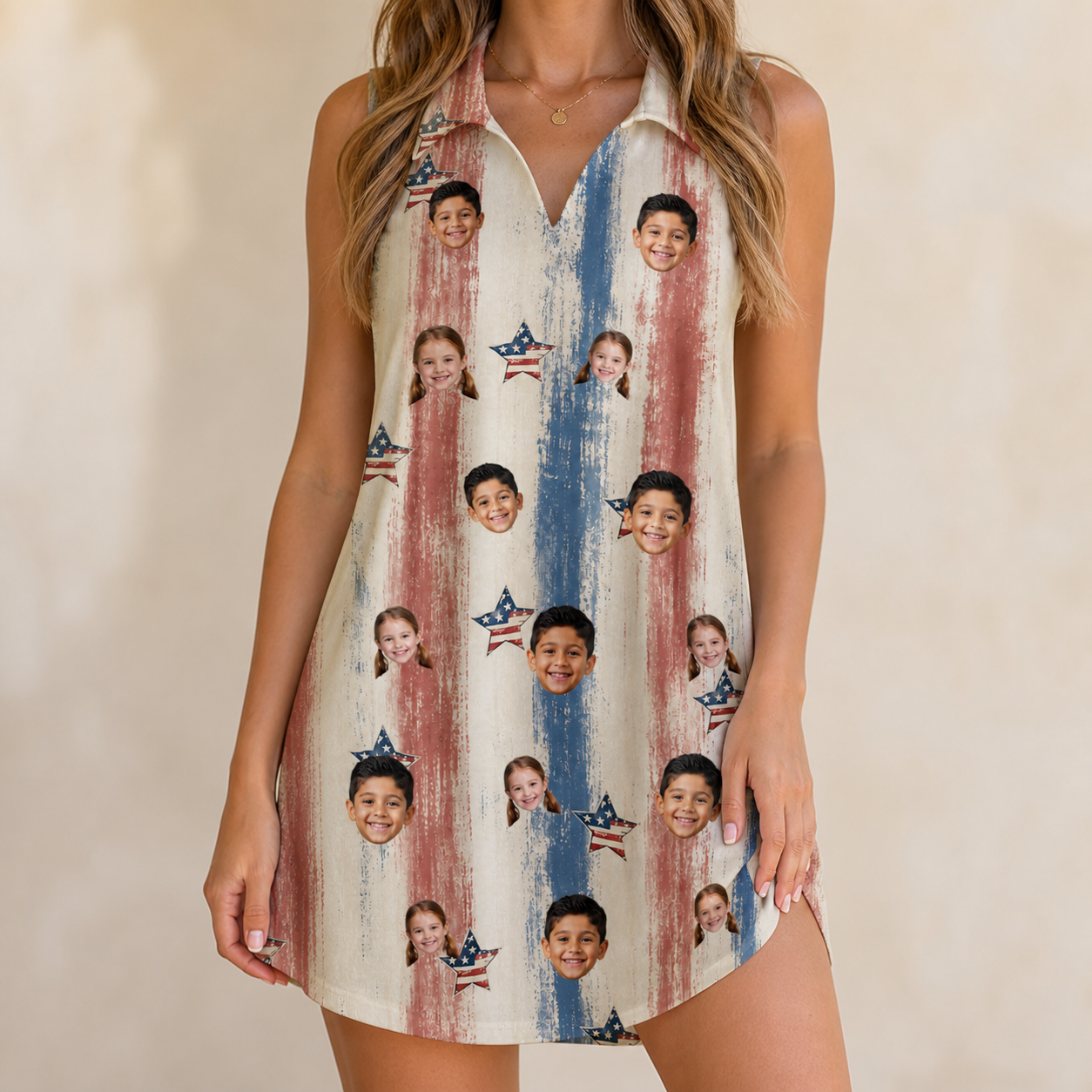 Model wearing Women's Union Spark Custom Face V-Neck Dress printed with kids' faces