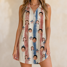Model wearing Women's Union Spark Custom Face V-Neck Dress printed with kids' faces