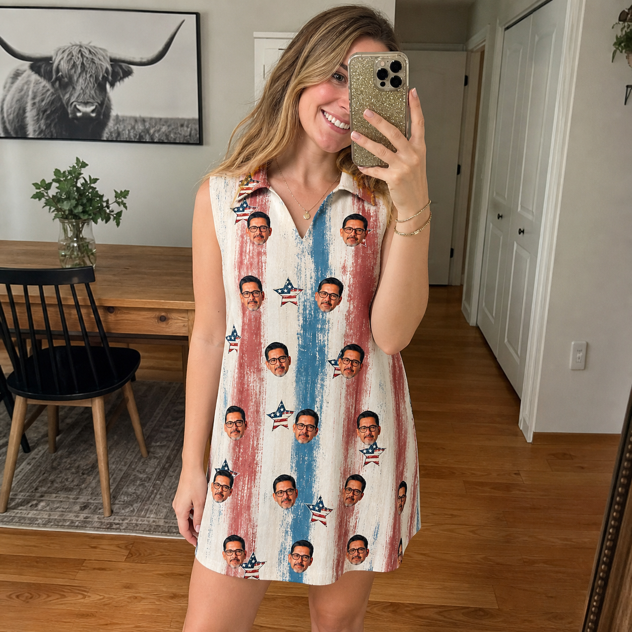 Real-life photo of someone wearing Women's Union Spark Custom Face V-Neck Dress — custom faces printed all-over