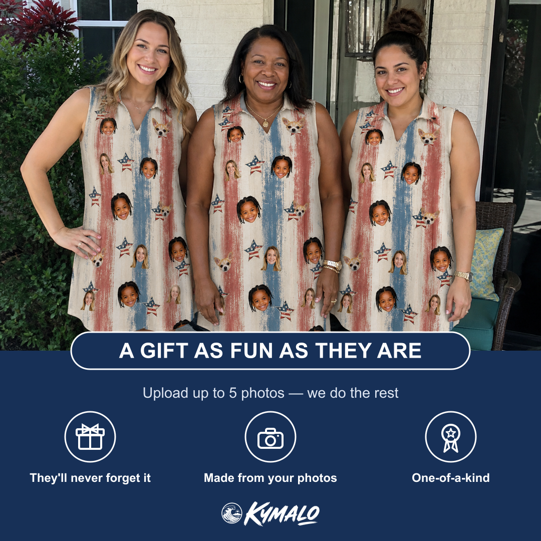 Friends in matching Women's Union Spark Custom Face V-Neck Dress — a group gift photo