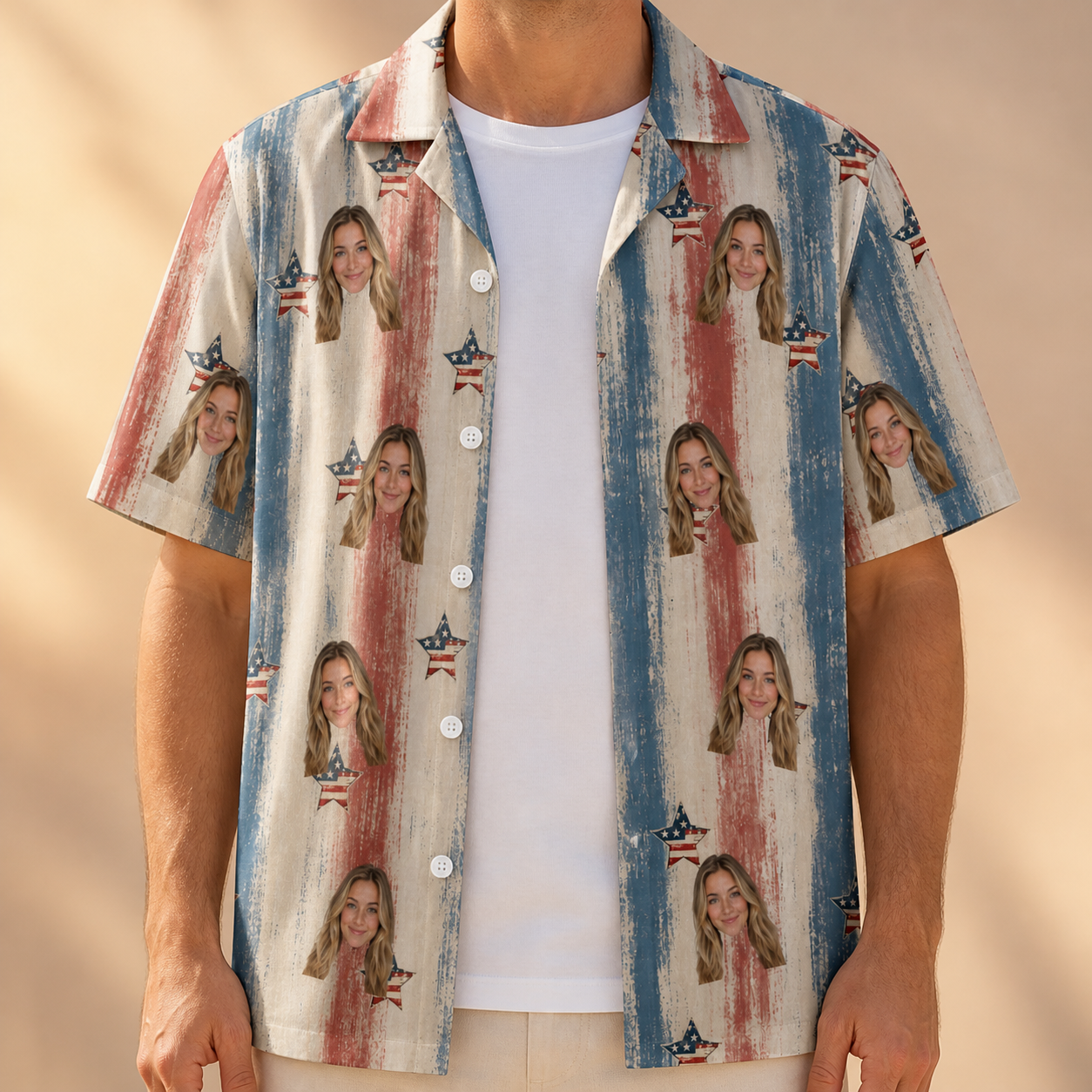 Man wearing Men's Union Spark Custom Face Hawaiian Shirt open over a white tee