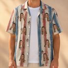 Man wearing Men's Union Spark Custom Face Hawaiian Shirt open over a white tee