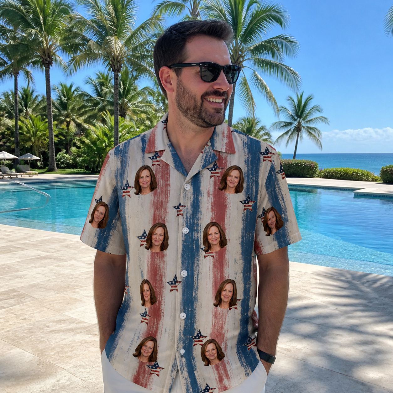 Real-life photo of someone wearing Men's Union Spark Custom Face Hawaiian Shirt — custom faces printed all-over