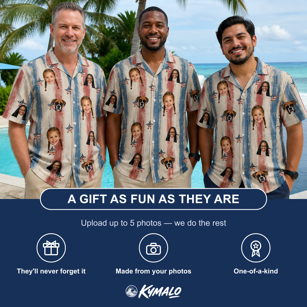 Friends in matching Men's Union Spark Custom Face Hawaiian Shirt — a group gift photo