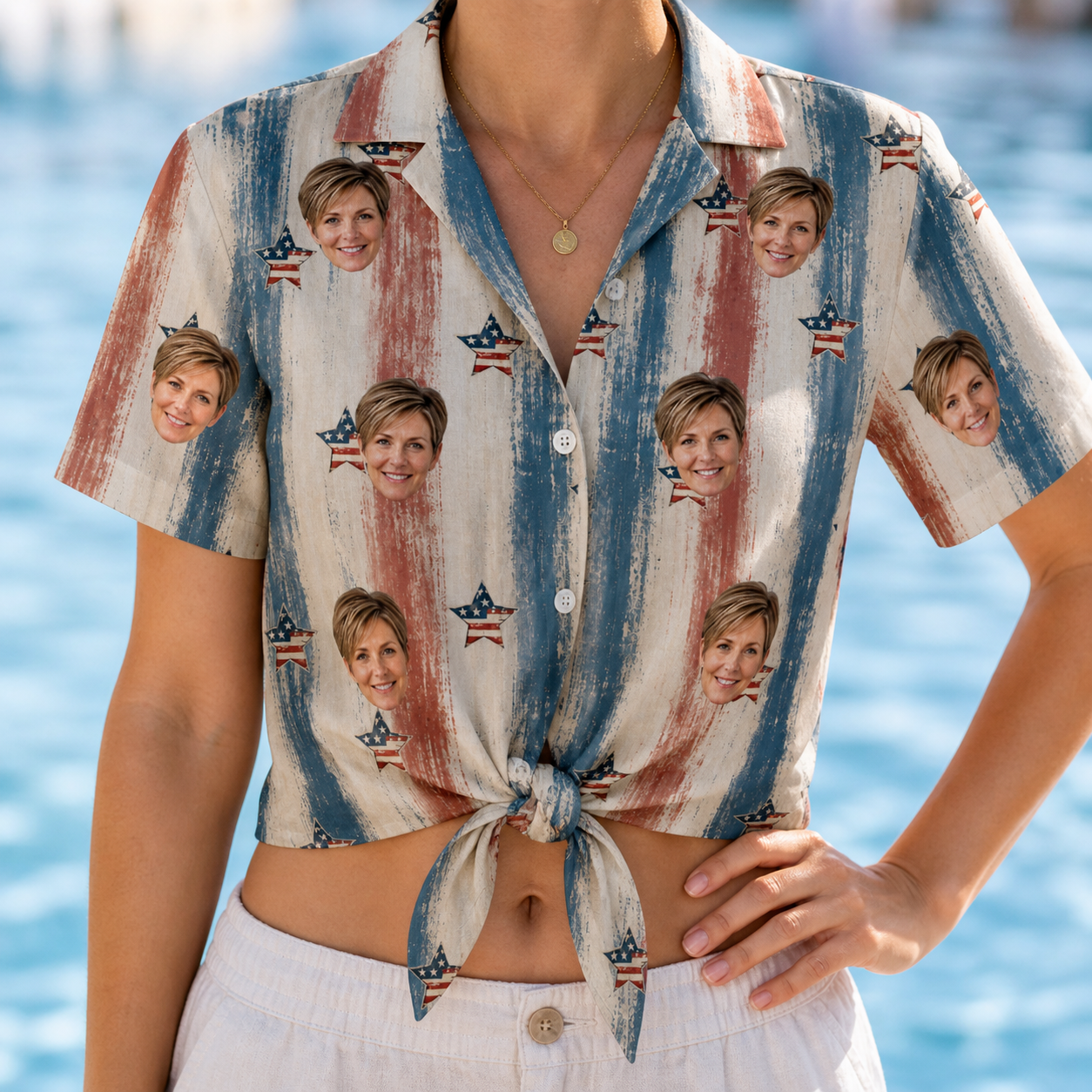 Woman wearing Women's Union Spark Custom Face Hawaiian Shirt tied at the waist