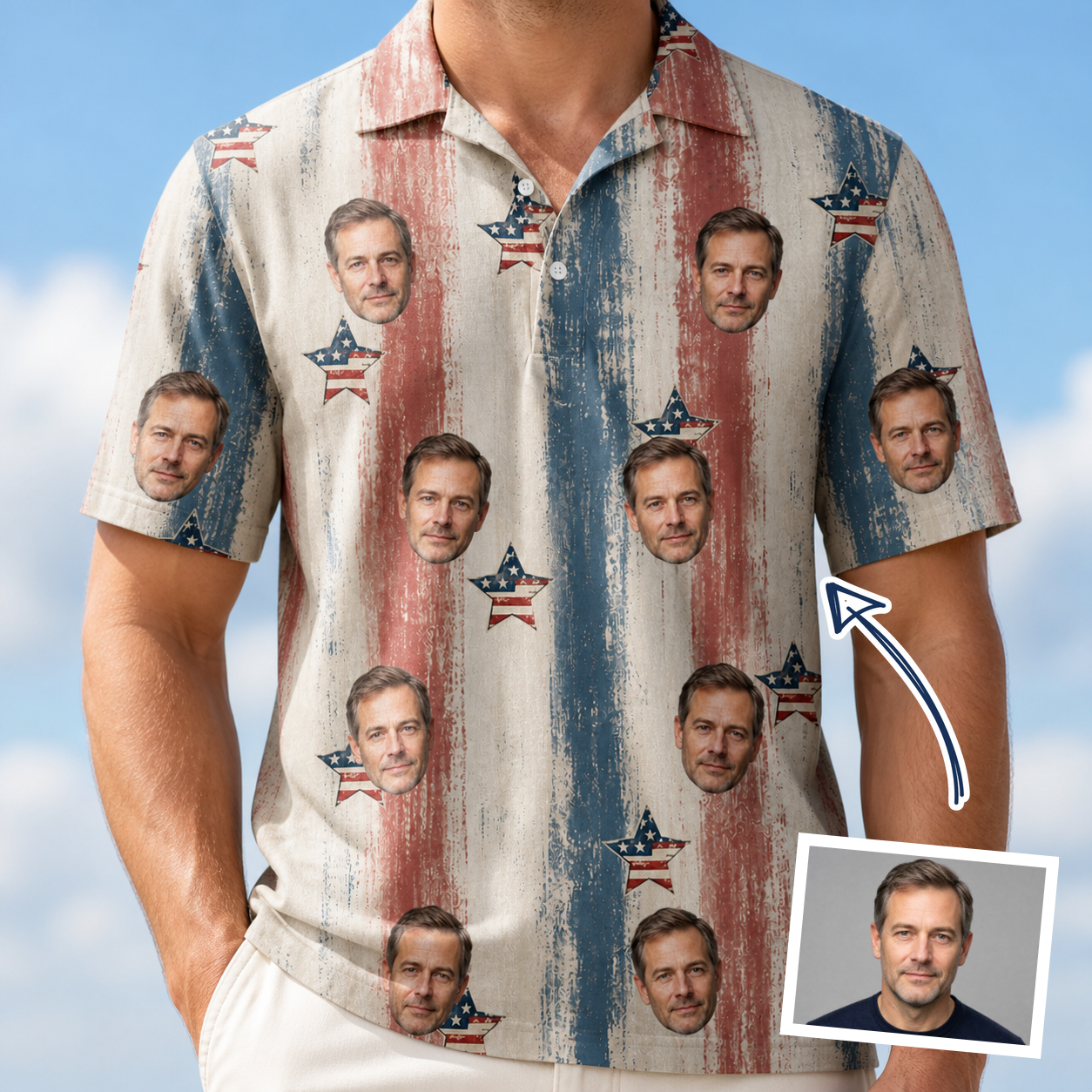 Man wearing Men's Union Spark Custom Face Polo Shirt — custom faces printed all-over