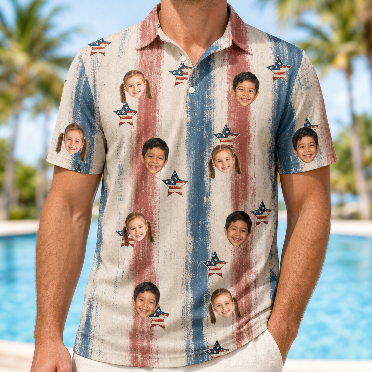 Model wearing Men's Union Spark Custom Face Polo Shirt printed with kids' faces