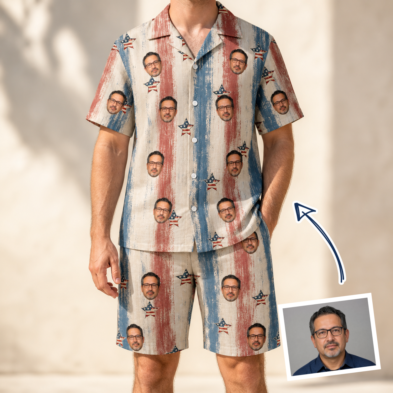 Man wearing Men's Union Spark Custom Face Shirt & Shorts Set — custom faces printed all-over