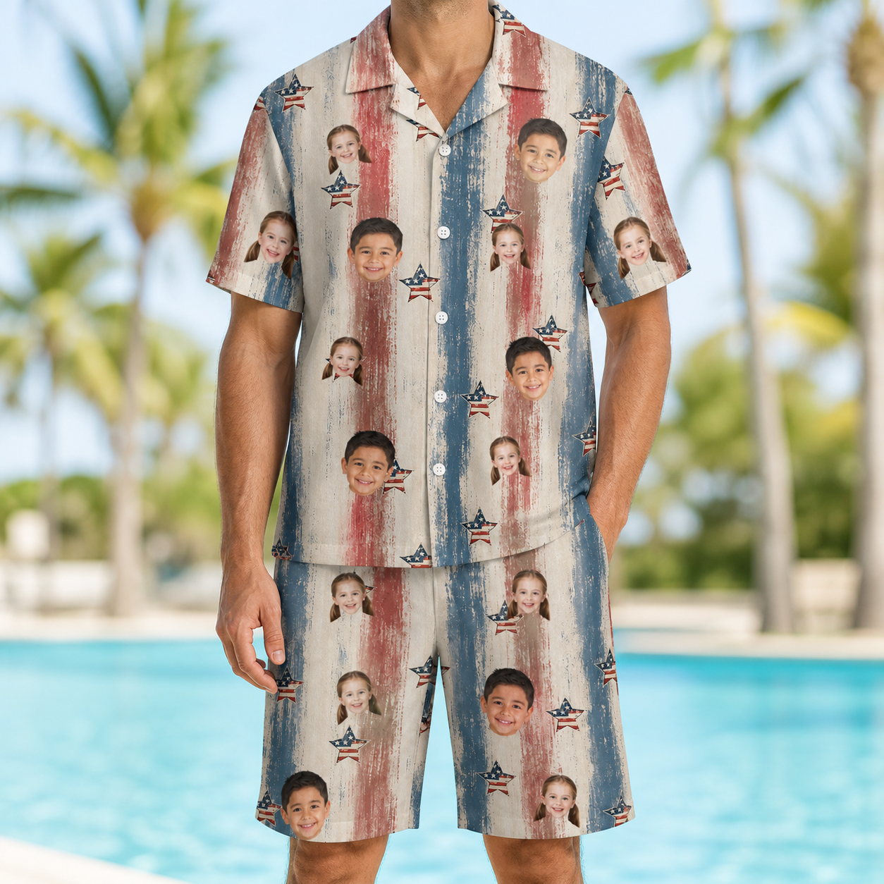 Model wearing Men's Union Spark Custom Face Shirt & Shorts Set printed with kids' faces