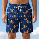 Model wearing Men's Rebel Reflectors Custom Face Beach Shorts printed with kids' faces