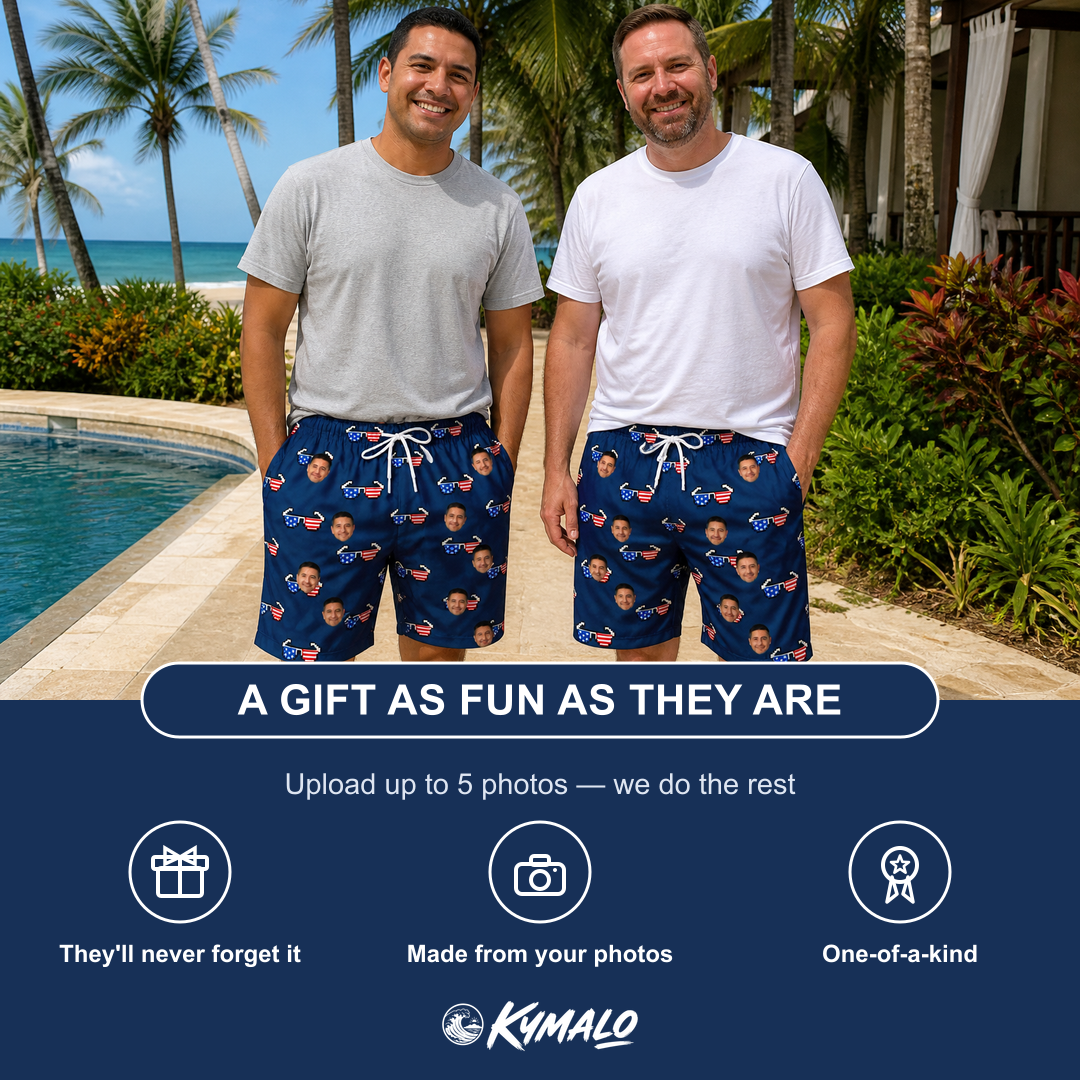Friends in matching Men's Rebel Reflectors Custom Face Beach Shorts — a group gift photo