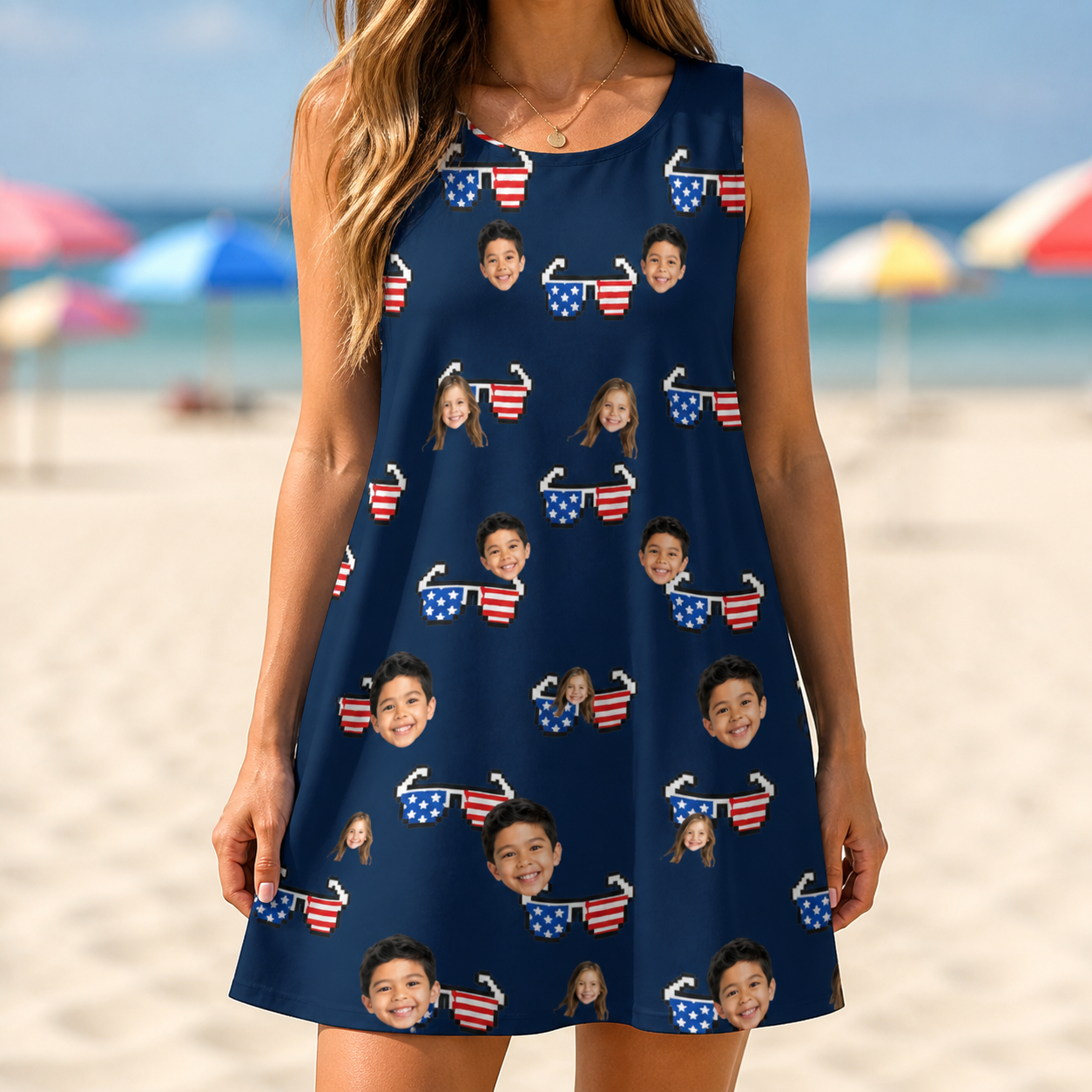 Model wearing Women's Rebel Reflectors Custom Face Tank Dress printed with kids' faces