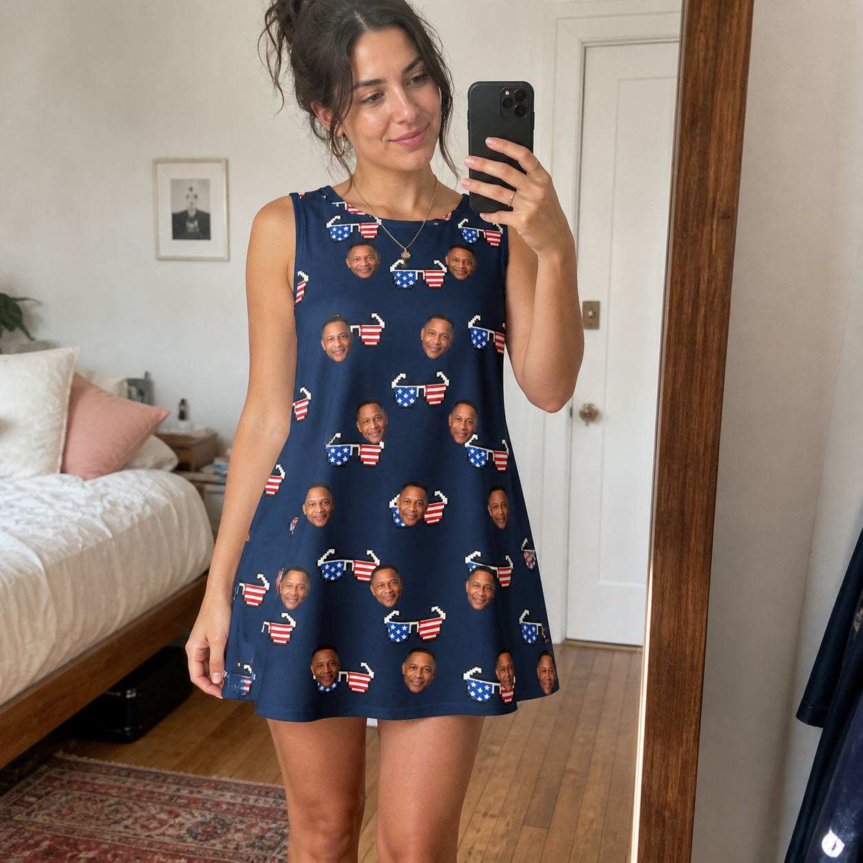 Real-life photo of someone wearing Women's Rebel Reflectors Custom Face Tank Dress — custom faces printed all-over