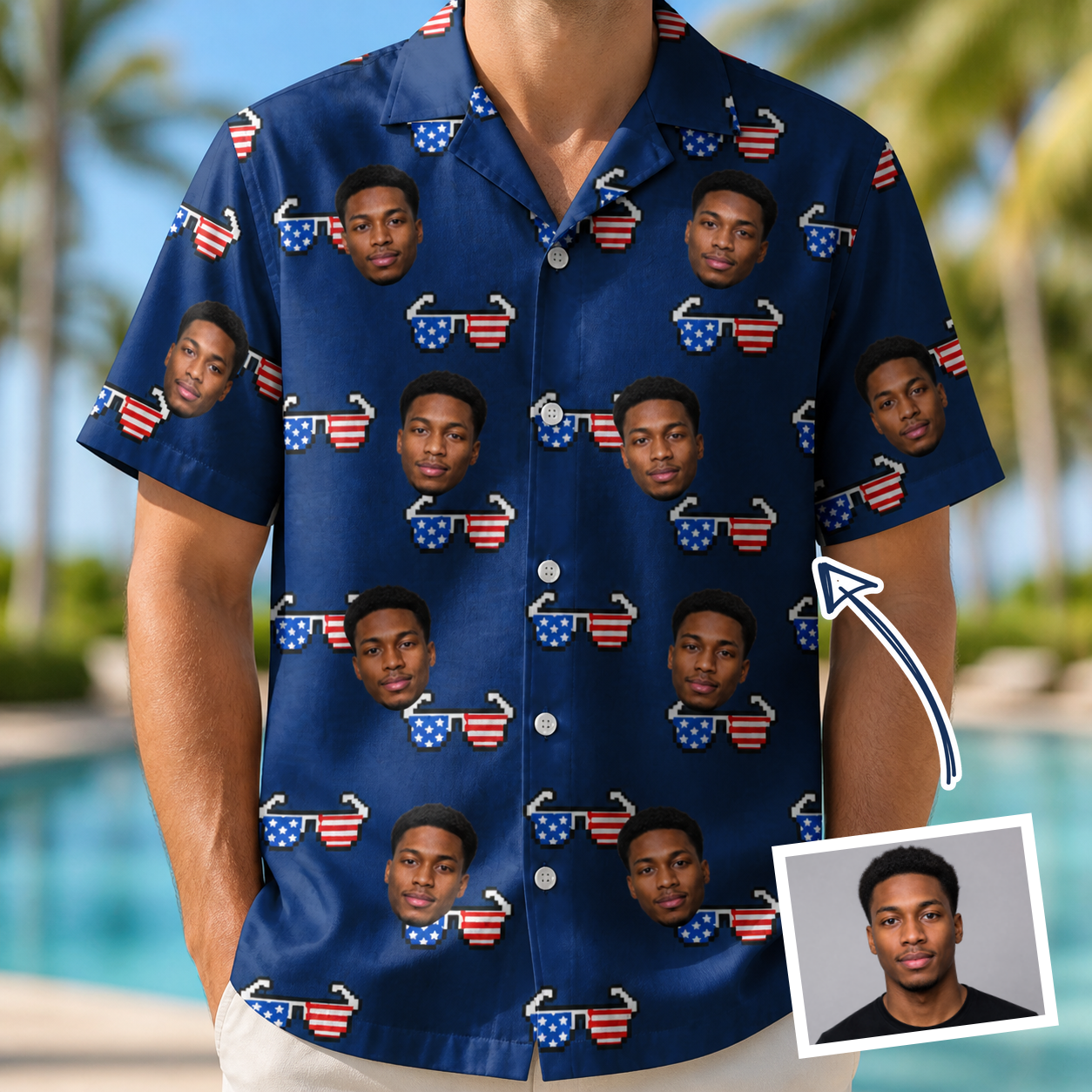 Man wearing Men's Rebel Reflectors Custom Face Hawaiian Shirt — custom faces printed all-over