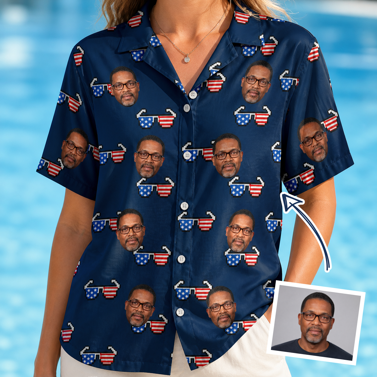 Woman wearing Women's Rebel Reflectors Custom Face Hawaiian Shirt — custom faces printed all-over