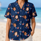 Model wearing Women's Rebel Reflectors Custom Face Hawaiian Shirt printed with kids' faces