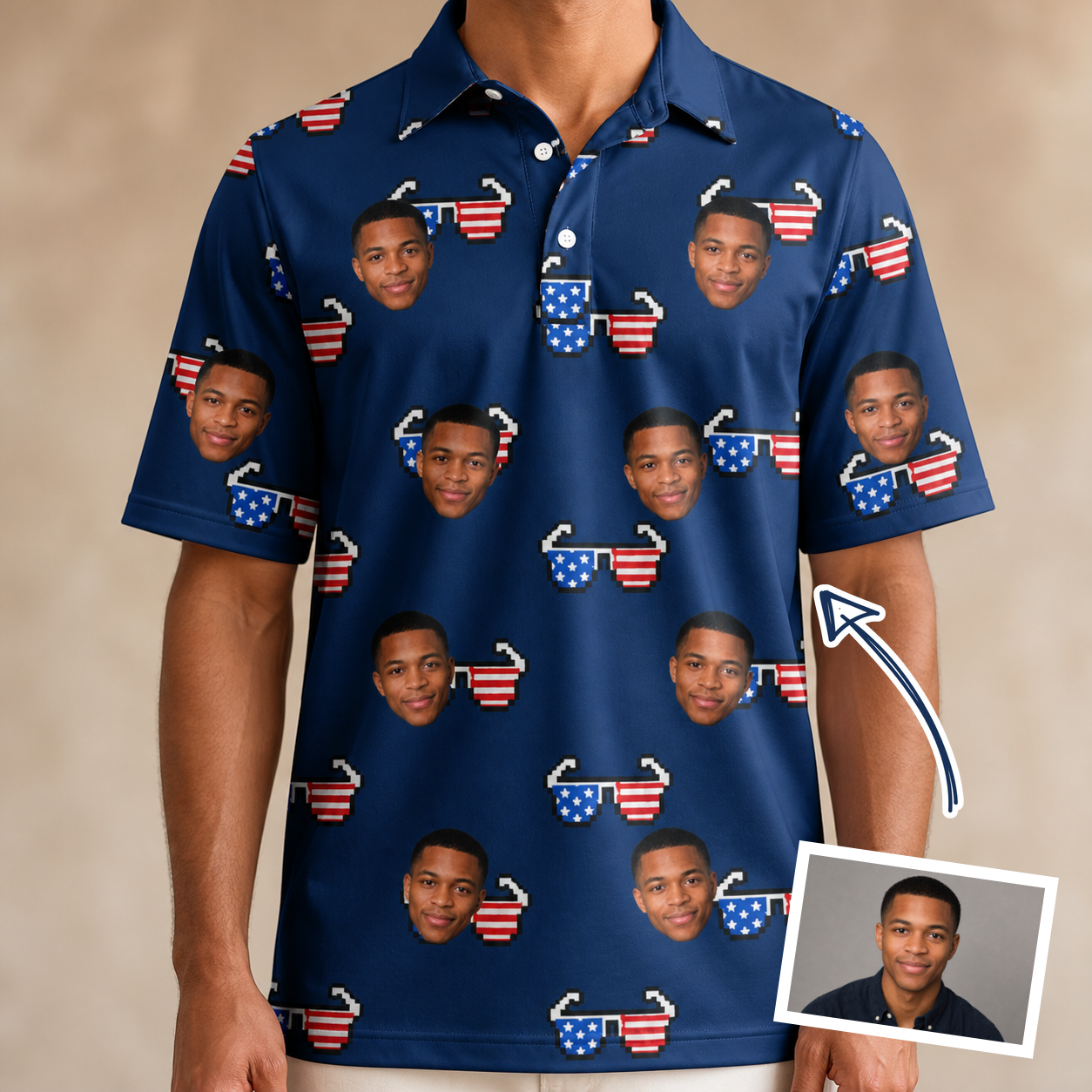 Man wearing Men's Rebel Reflectors Custom Face Polo Shirt — custom faces printed all-over
