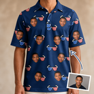 Man wearing Men's Rebel Reflectors Custom Face Polo Shirt — custom faces printed all-over