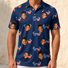 Model wearing Men's Rebel Reflectors Custom Face Polo Shirt printed with kids' faces