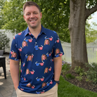 Real-life photo of someone wearing Men's Rebel Reflectors Custom Face Polo Shirt — custom faces printed all-over