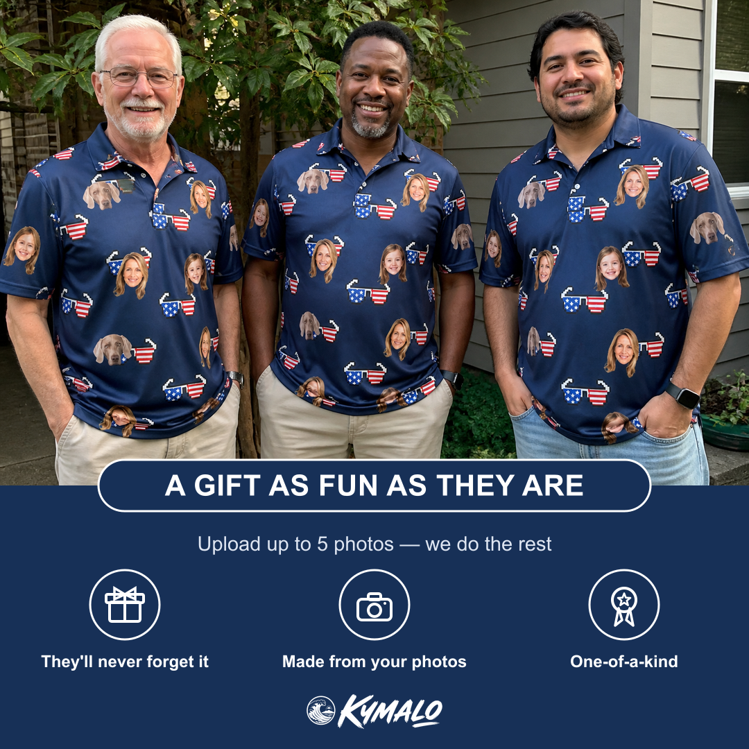 Friends in matching Men's Rebel Reflectors Custom Face Polo Shirt — a group gift photo
