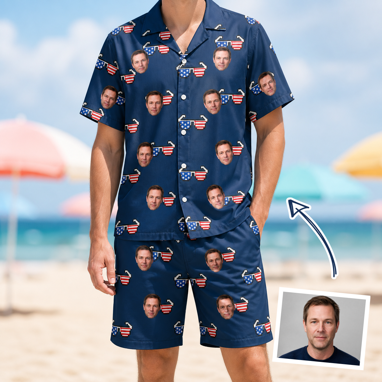 Man wearing Men's Rebel Reflectors Custom Face Shirt & Shorts Set — custom faces printed all-over