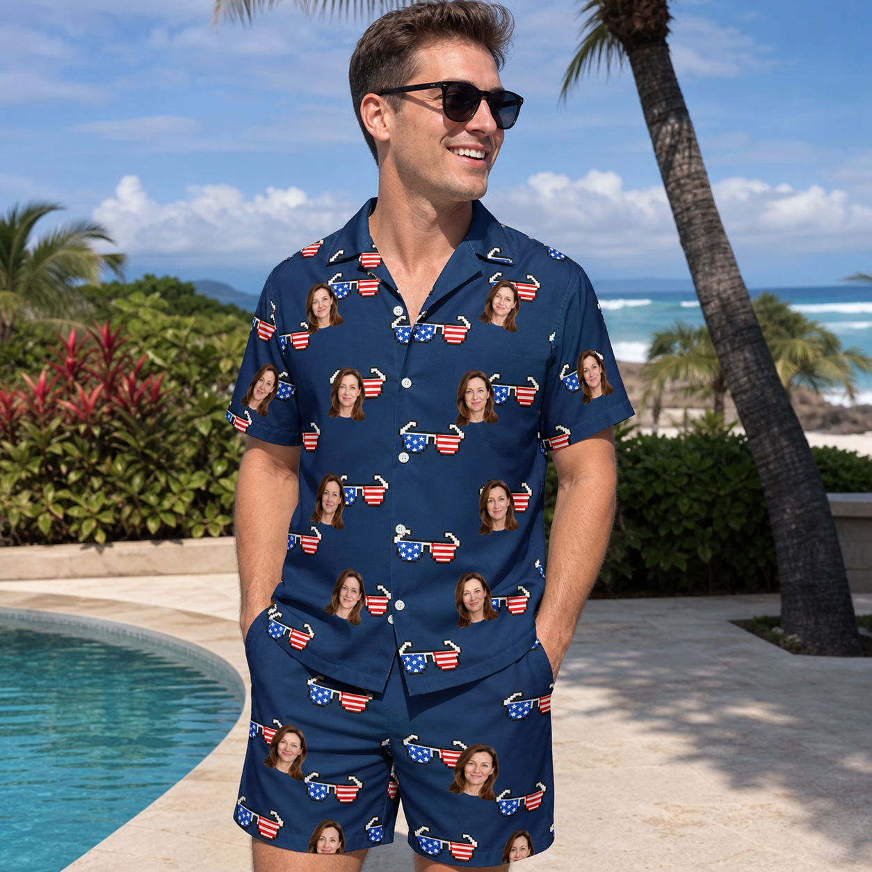 Real-life photo of someone wearing Men's Rebel Reflectors Custom Face Shirt & Shorts Set — custom faces printed all-over