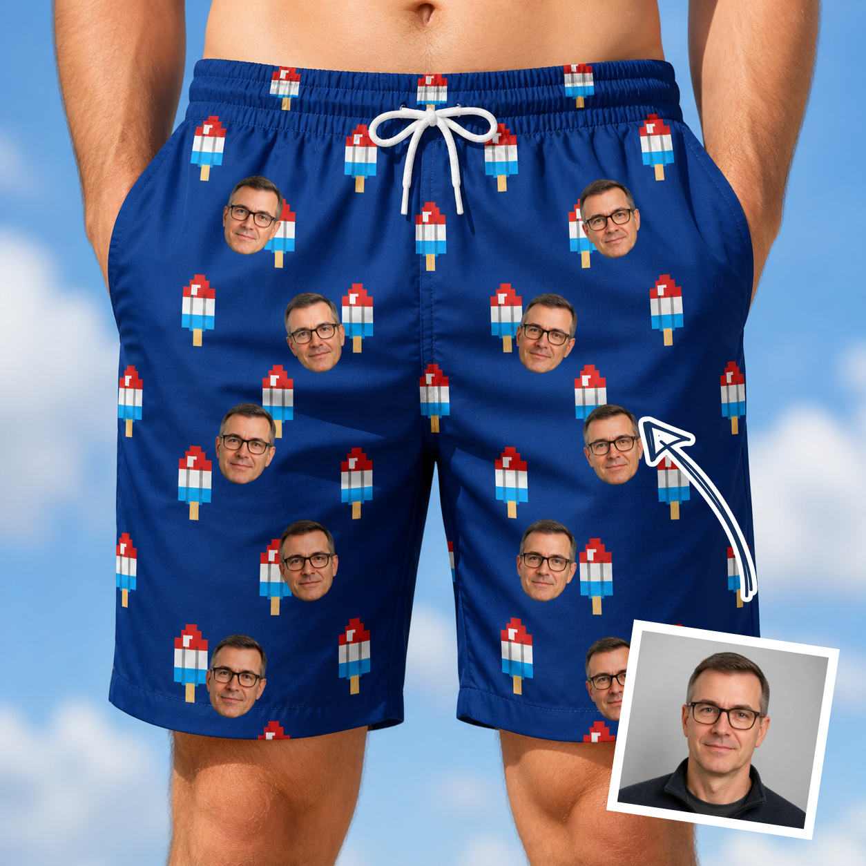 Man wearing Men's Declaration Drips Custom Face Beach Shorts — custom faces printed all-over