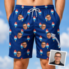 Man wearing Men's Declaration Drips Custom Face Beach Shorts — custom faces printed all-over
