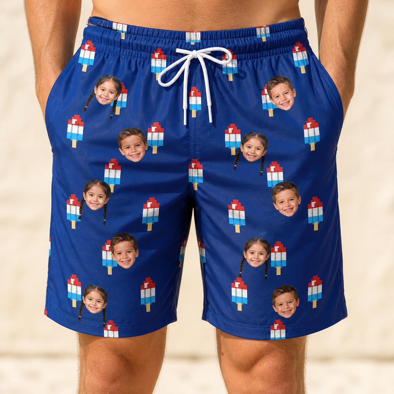 Model wearing Men's Declaration Drips Custom Face Beach Shorts printed with kids' faces