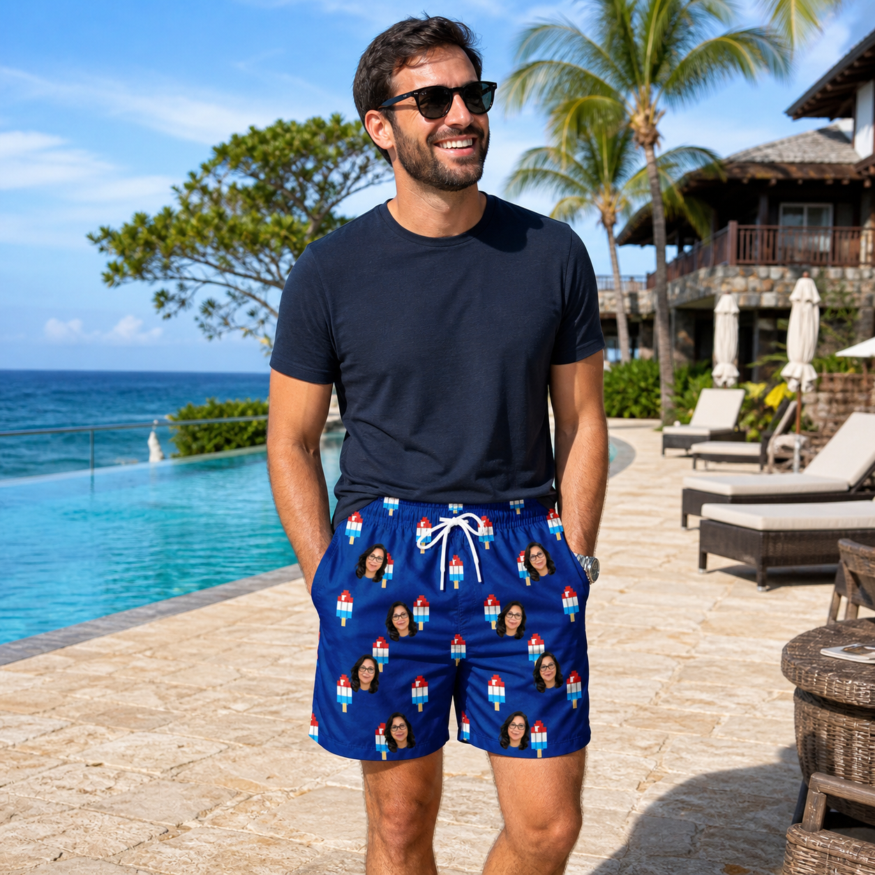Real-life photo of someone wearing Men's Declaration Drips Custom Face Beach Shorts — custom faces printed all-over