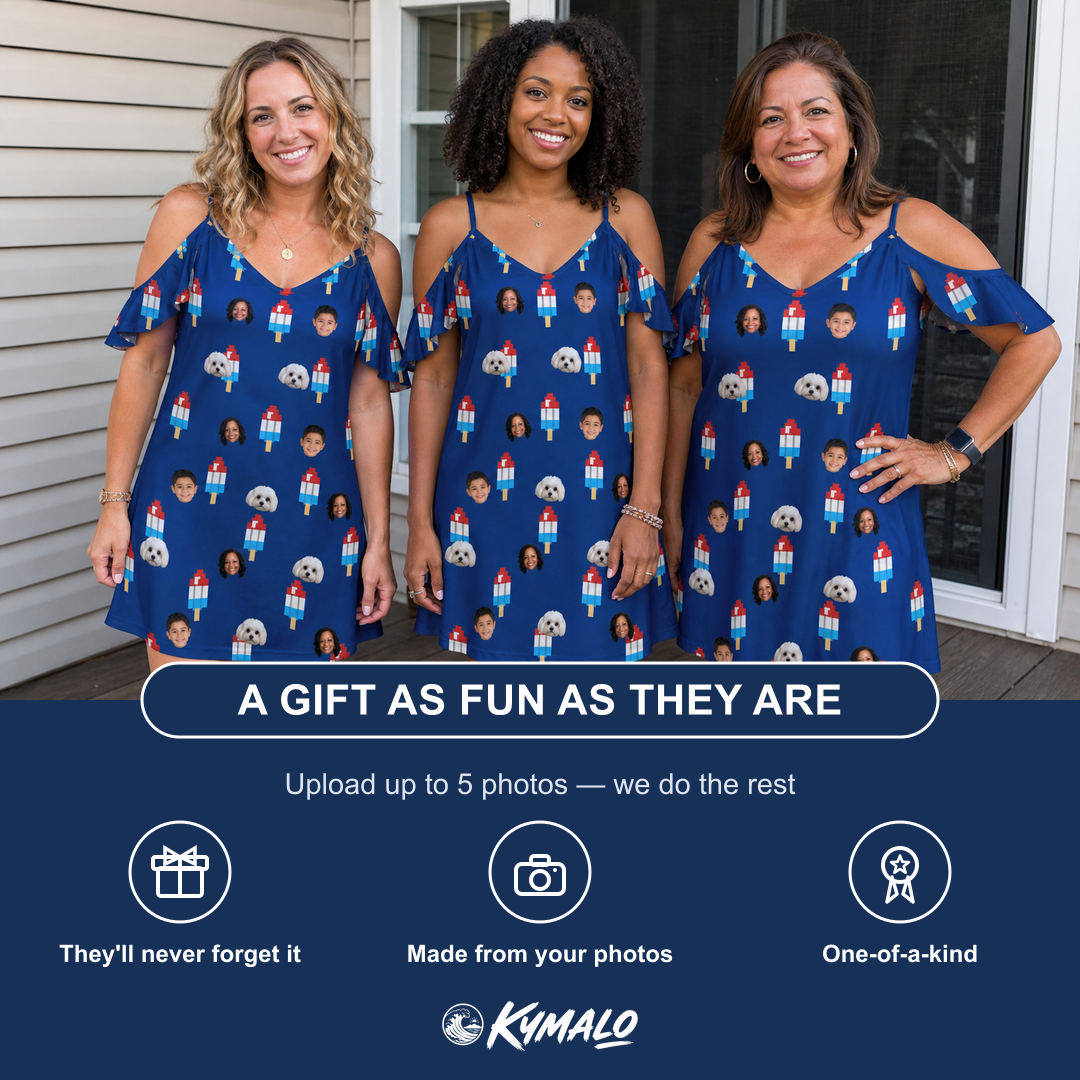 Friends in matching Women's Declaration Drips Custom Face Off-Shoulder Dress — a group gift photo
