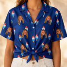 Woman wearing Women's Declaration Drips Custom Face Hawaiian Shirt tied at the waist