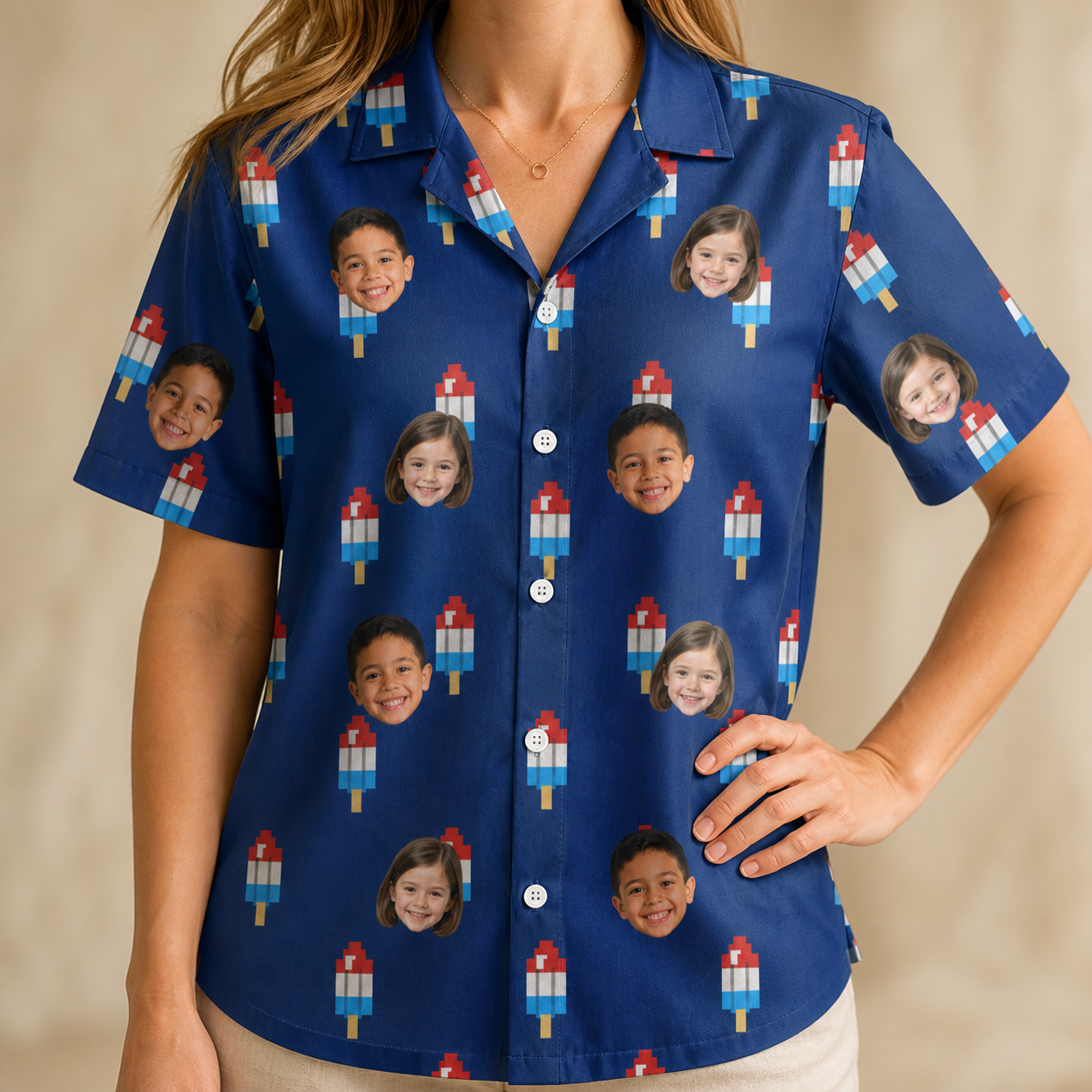 Model wearing Women's Declaration Drips Custom Face Hawaiian Shirt printed with kids' faces