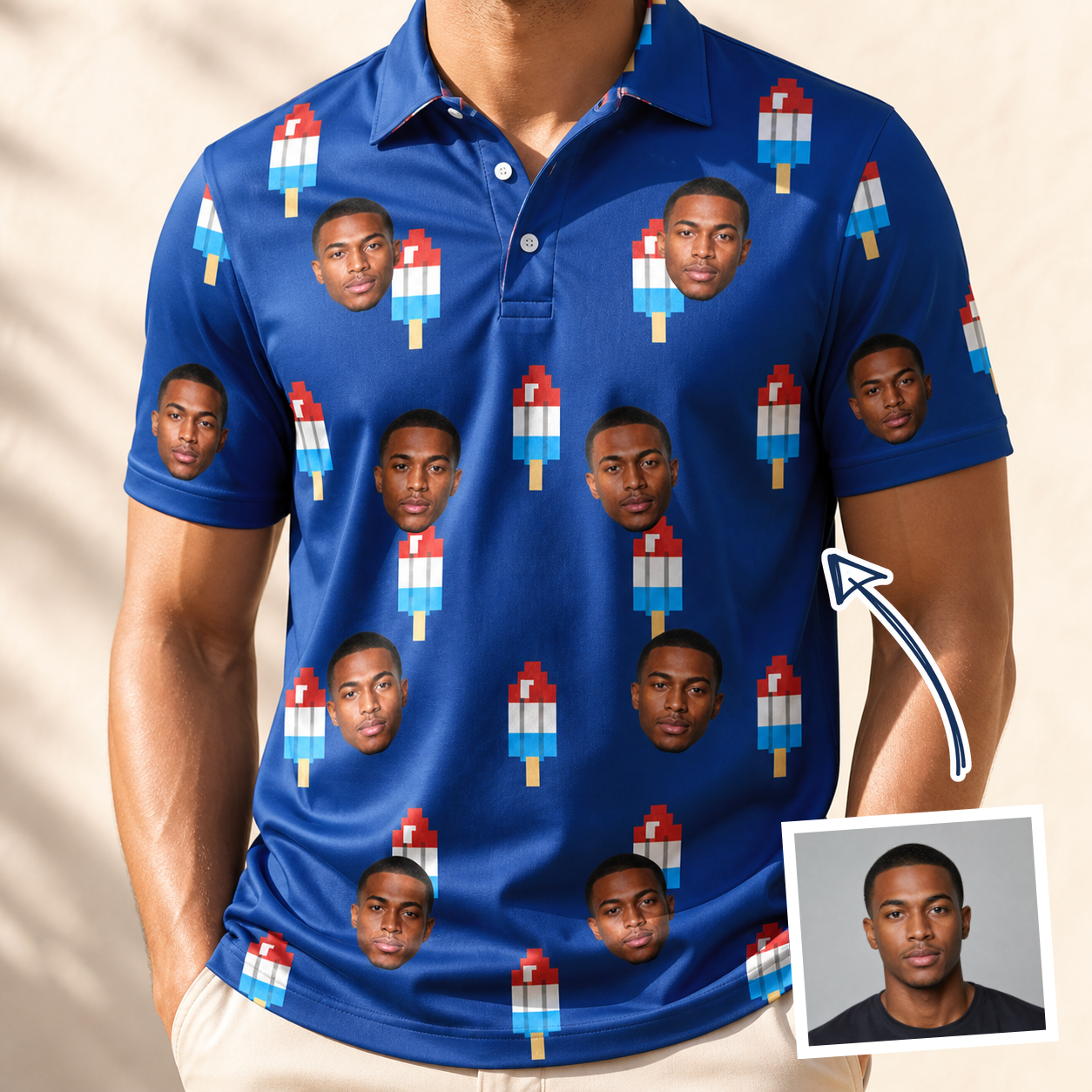 Man wearing Men's Declaration Drips Custom Face Polo Shirt — custom faces printed all-over