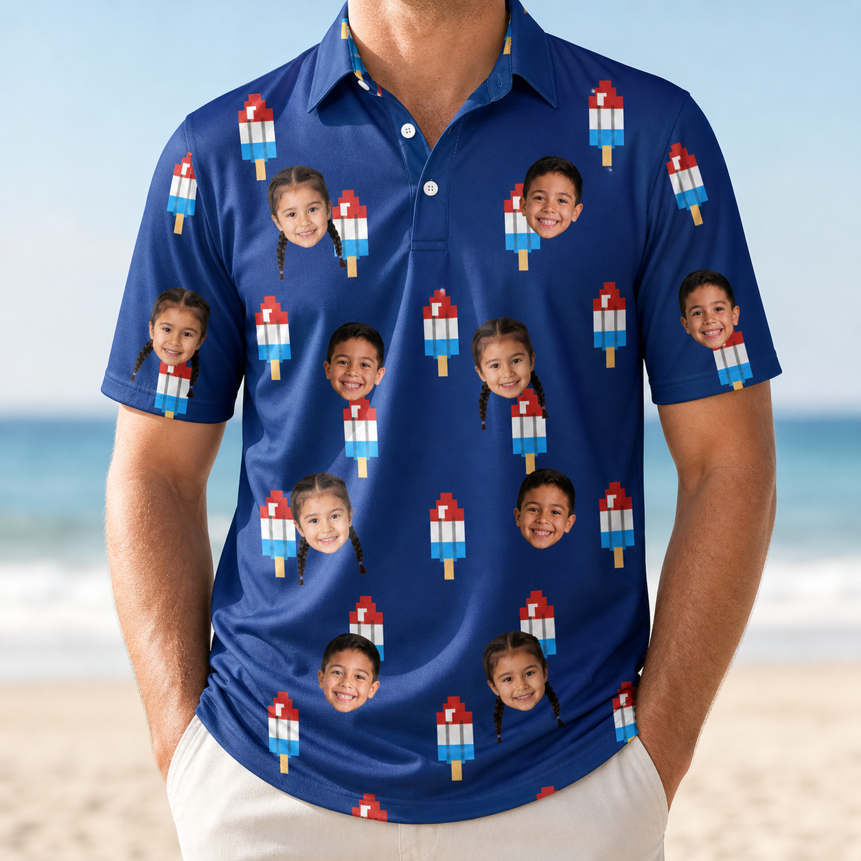 Model wearing Men's Declaration Drips Custom Face Polo Shirt printed with kids' faces