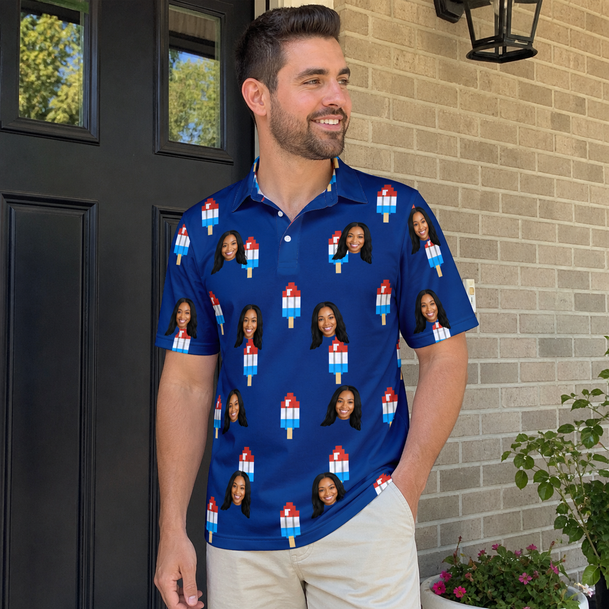 Real-life photo of someone wearing Men's Declaration Drips Custom Face Polo Shirt — custom faces printed all-over