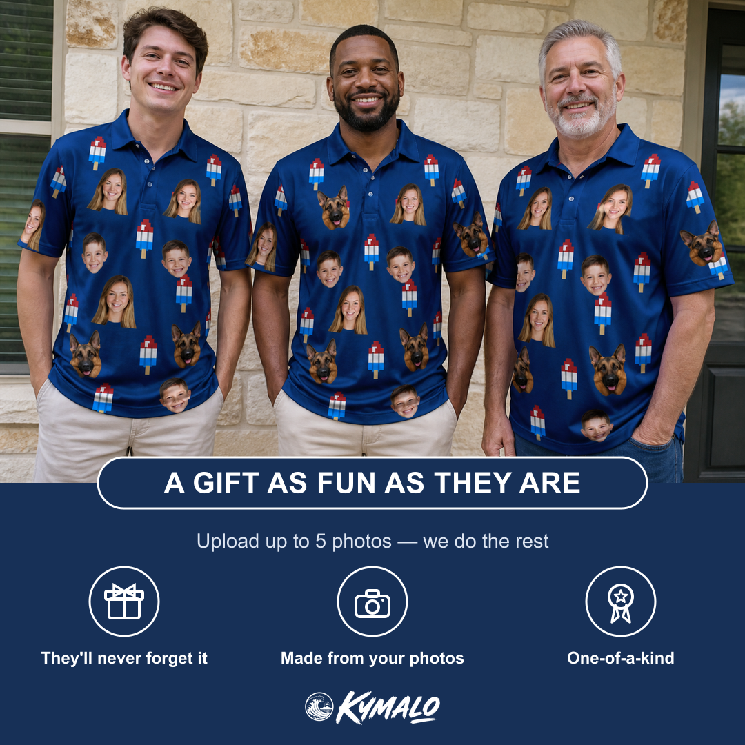 Friends in matching Men's Declaration Drips Custom Face Polo Shirt — a group gift photo